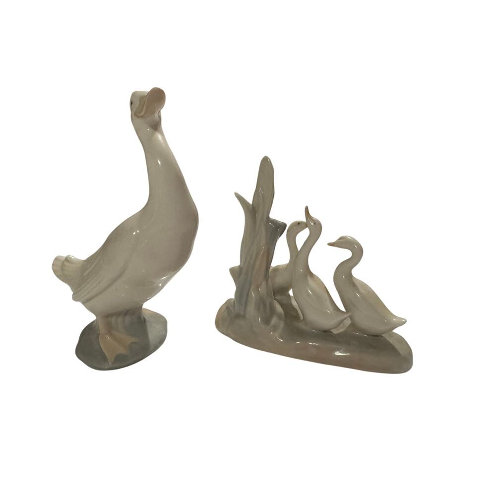 Lladro Porcelain Standing Goose & 3 Geese Figurines